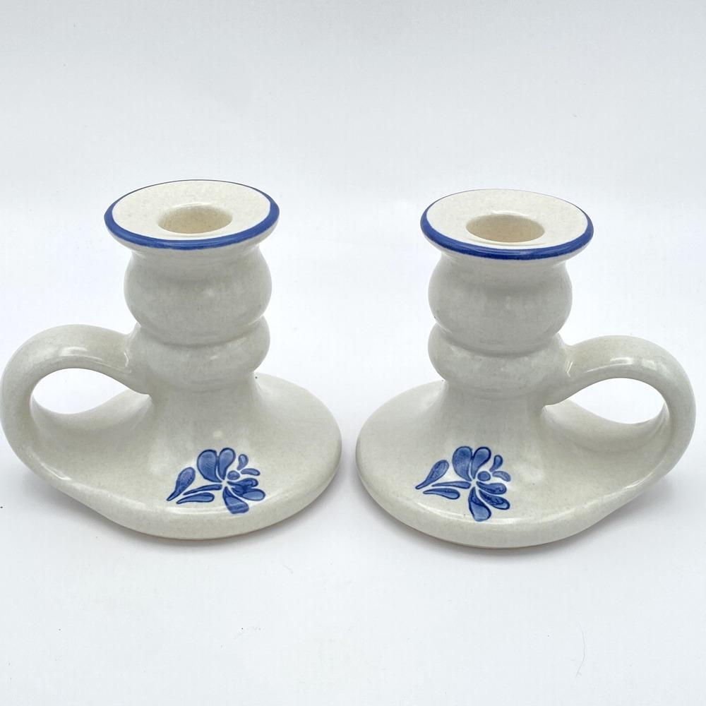 Pfaltzgraff Yorktowne 2 Taper Candlestick Holders Handles 3.5" Stoneware Vintage